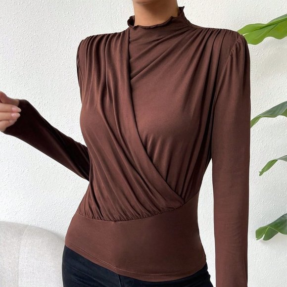 Brown Casual Womens Solid Ruched Mock Neck Tee - Picture 6 of 6